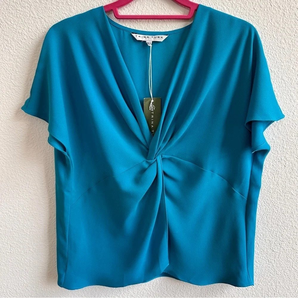 Trina Turk Front Wrap V-Neck Twist Front Top in Turquoise Blue - XS/S